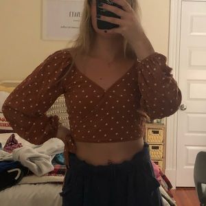Tan polka dot crop top blouse